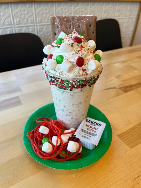 The Buddy the Elf-themed shake at Better Together Café in South Milwaukee features fudge Pop-Tarts, M&Ms, marshmallows, the spaghetti itself (licorice whips) and a side of maple syrup.