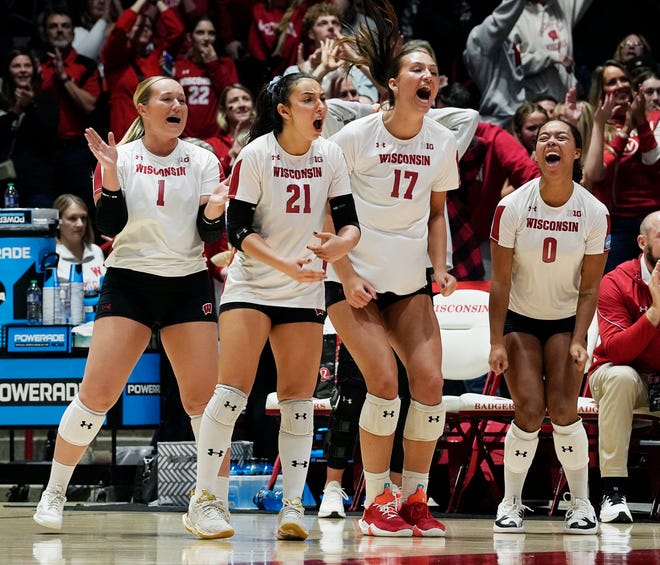 Wisconsin celebrates the point during the third set of the NCAA Regional Volleyball semifinal match against Penn State on Thursday December 7, 2023 at the UW Field House in Madison, Wis.