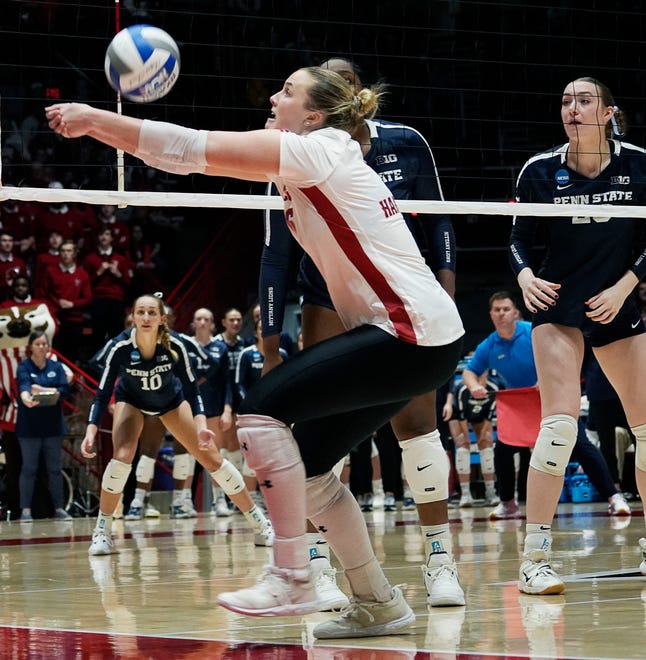 Wisconsin setter MJ Hammill (6) attempts to hit the ball during the fourth set of the NCAA Regional Volleyball semifinal match against Penn State on Thursday December 7, 2023 at the UW Field House in Madison, Wis.