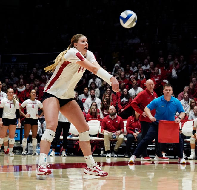 Wisconsin outside hitter Sarah Franklin (13) goes for the return during the third set of the NCAA Regional Volleyball semifinal match against Penn State on Thursday December 7, 2023 at the UW Field House in Madison, Wis.