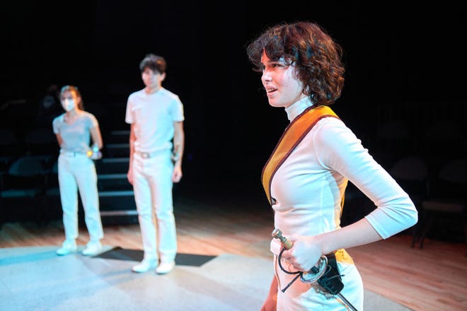 Alice Rivera, (front, Paxton Haley and Thomas Bastardo perform in Shakespeare's "Henry IV, Part 1," a production of First Stage's Young Company.
