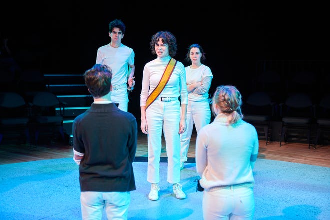 Thomas Bastardo, Alice Rivera, center, Maya Thomure and cast perform in Shakespeare's "Henry IV, Part 1," a production of First Stage's Young Company.