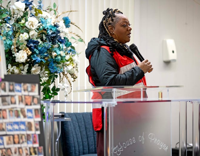 Veloris Mann, Pastor and Chaplaincy Coordinator at the Salvation Army of Milwaukee County, speaks at a candlelit vigil honoring and remembering victims of violence in Milwaukee at House of Prayer in Milwaukee, Wis. on Saturday, Dec. 9, 2023.