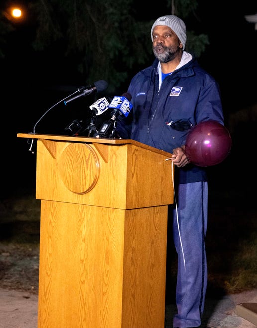 Rudy Polk speaks during a vigil on Dec. 9, 2023 honoring the life of Aundre Cross, a 44-year-old U.S. Postal Service worker who was shot and killed while delivering mail a year ago on Dec. 9, 2022 in the 5000 block of North 65th Street in Milwaukee.