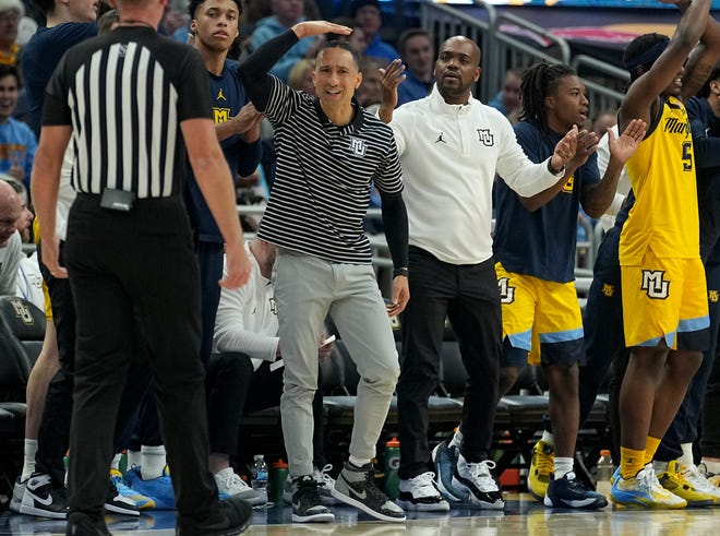 Marquette head coach Shaka Smart reacts after a shot clock violation during the first half of their game against Notre Dame Saturday, December 9, 2023 at Fiserv Forum in Milwaukee, Wisconsin.