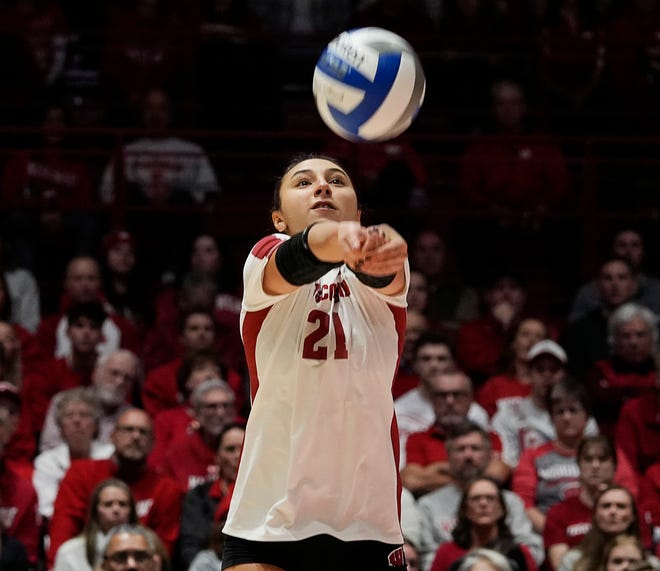 Wisconsin libero/defensive specialist Gulce Guctekin (21) prepares to hit the return during the first set of the NCAA Regional Volleyball Finals match against Oregon on Saturday December 9, 2023 at the UW Field House in Madison, Wis.