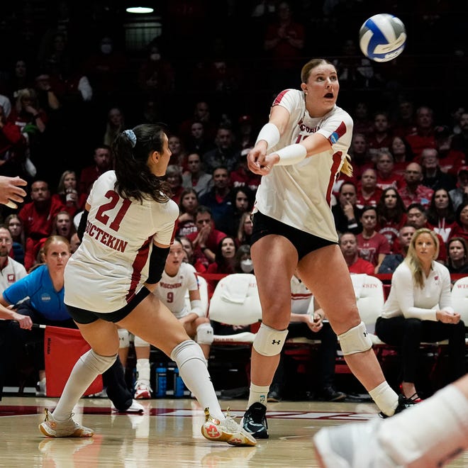 Wisconsin outside hitter Sarah Franklin (13) attempts to hit the serve during the third set of the NCAA Regional Volleyball Finals match against Oregon on Saturday December 9, 2023 at the UW Field House in Madison, Wis.