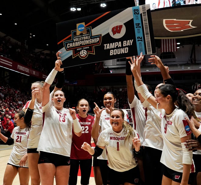 Wisconsin celebrates their victory over Oregon in the NCAA Regional Volleyball Finals on Saturday December 9, 2023 at the UW Field House in Madison, Wis.