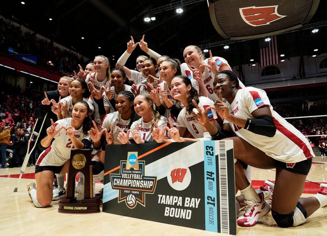 Wisconsin celebrates their victory over Oregon in the NCAA Regional Volleyball Finals on Saturday December 9, 2023 at the UW Field House in Madison, Wis.